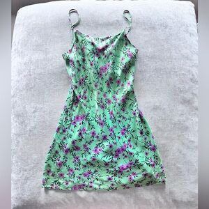 Zara Green and purple floral mini dress. Satin fabric